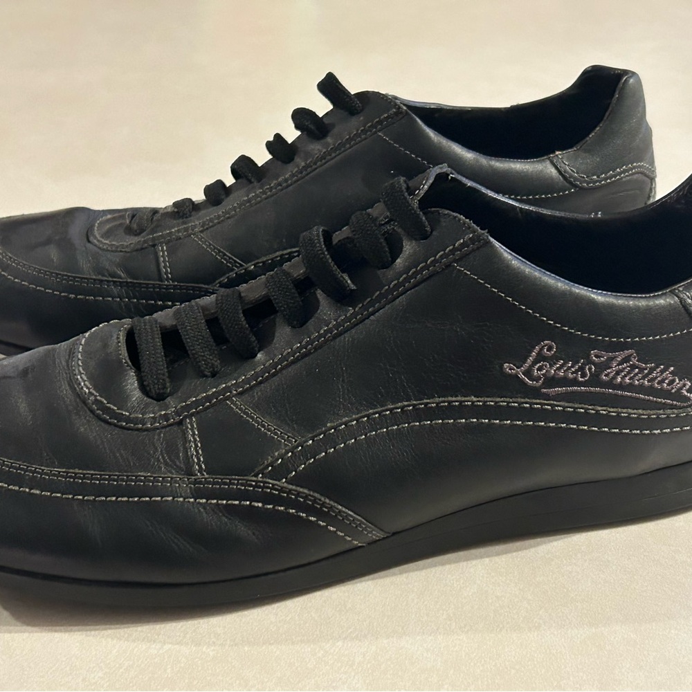 LOUIS VUITTON Size 11 Black Leather Lace Up Sneakers
